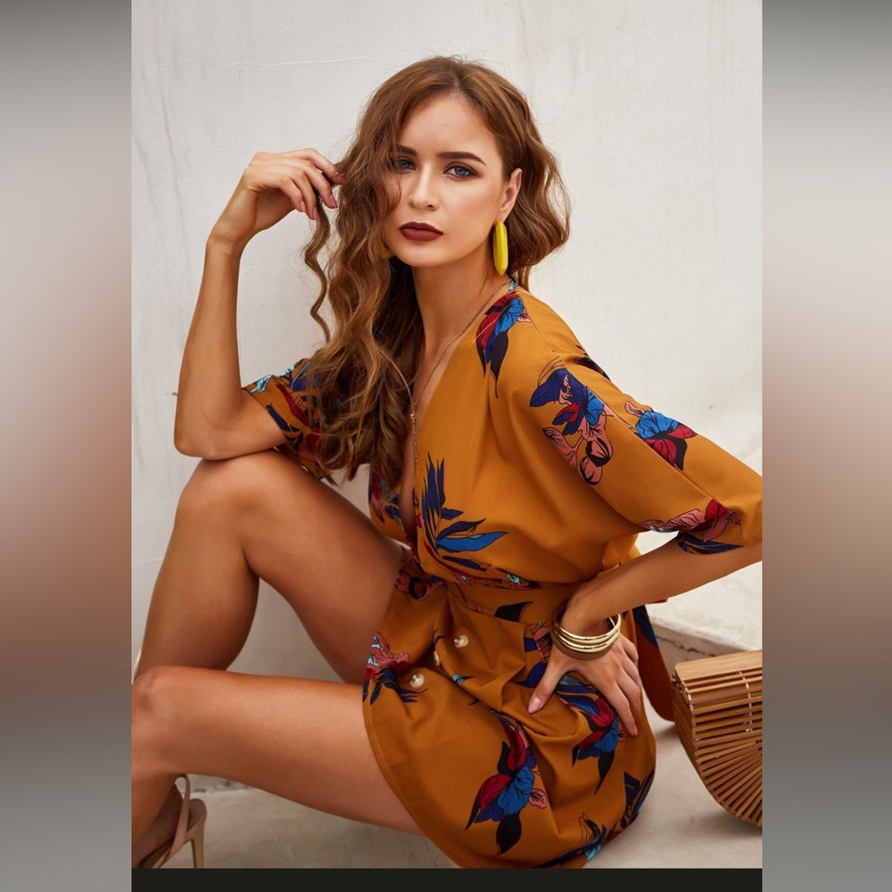SHEIN Mustard Floral Button-Down Midi Dress